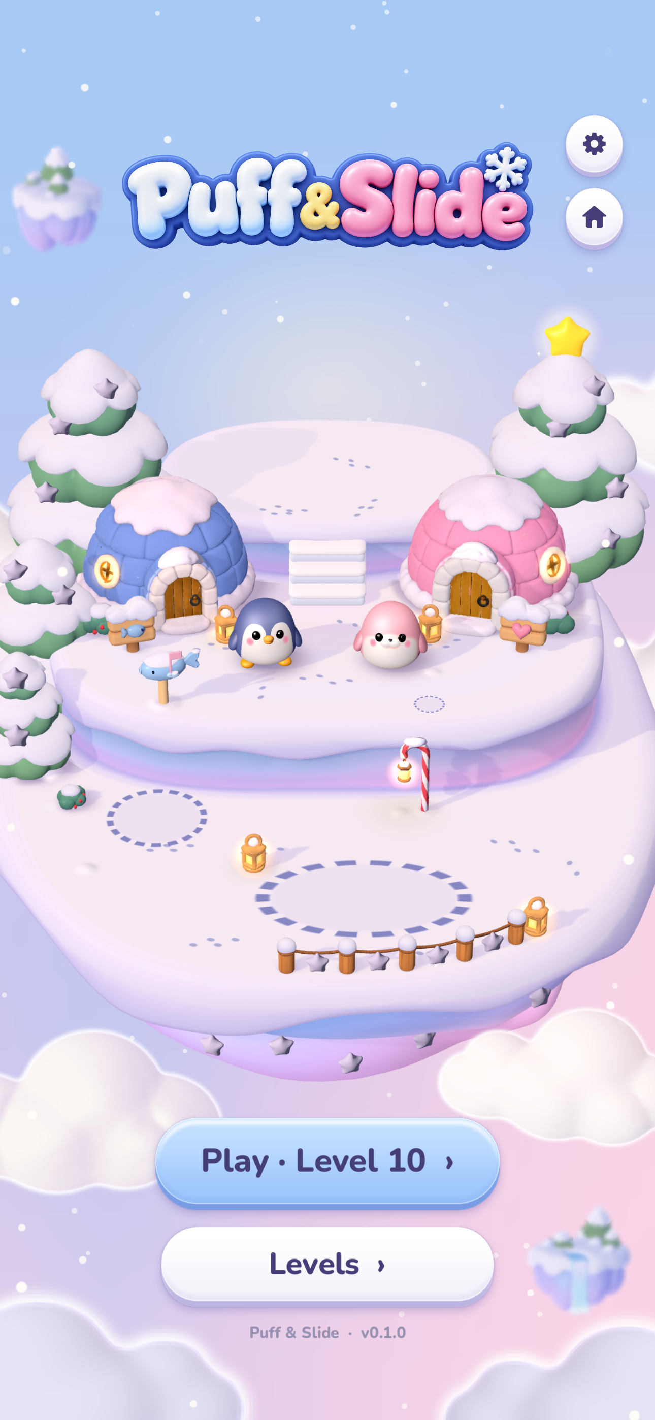 An actual Puff and Slide home screen with two igloos, snowy trees and Puff and Pebble